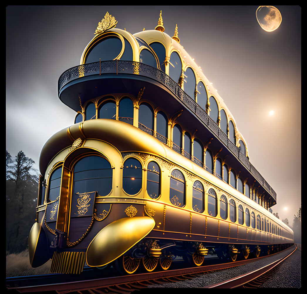 Luxury palace-themed train with golden details at dusk