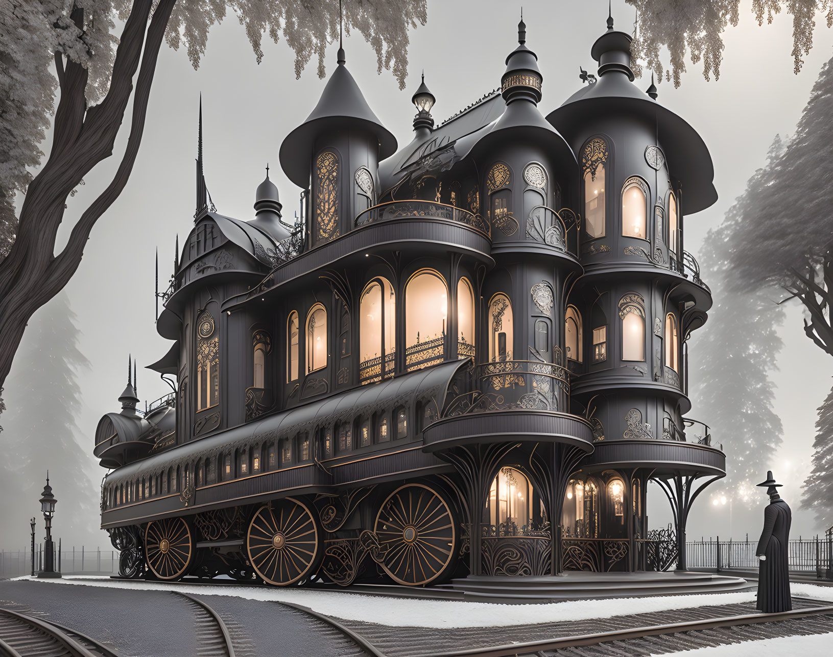 Victorian-Style House and Steam Locomotive Merge in Foggy Scene