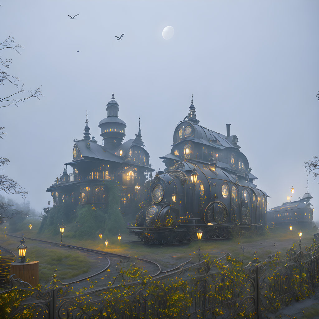 Victorian mansion-inspired train in mist with lanterns and crescent moon