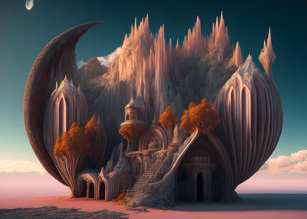 Fantasy landscape with shell-like structure, orange trees, ornate buildings, spiky mountains,