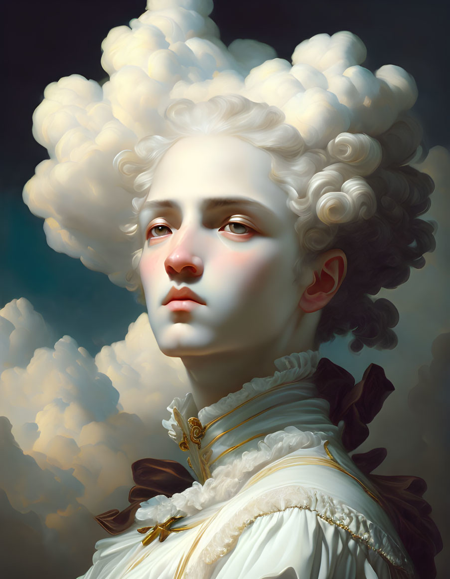 Person with Cloud-Like Hairstyle and Ruffled Collar Against Moody Sky