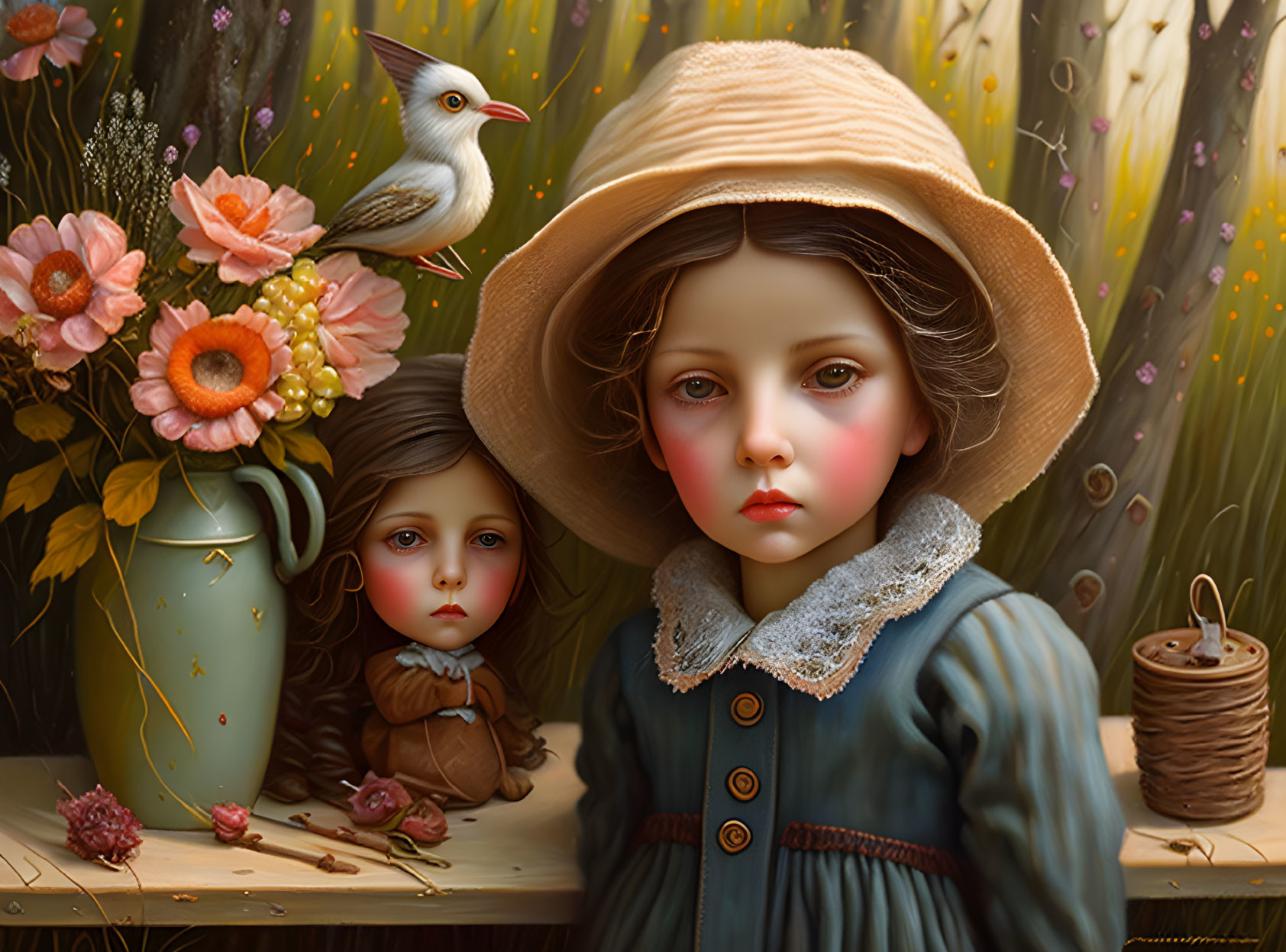 Stylized children with expressive eyes in vintage clothing surrounded by flowers and a bird.