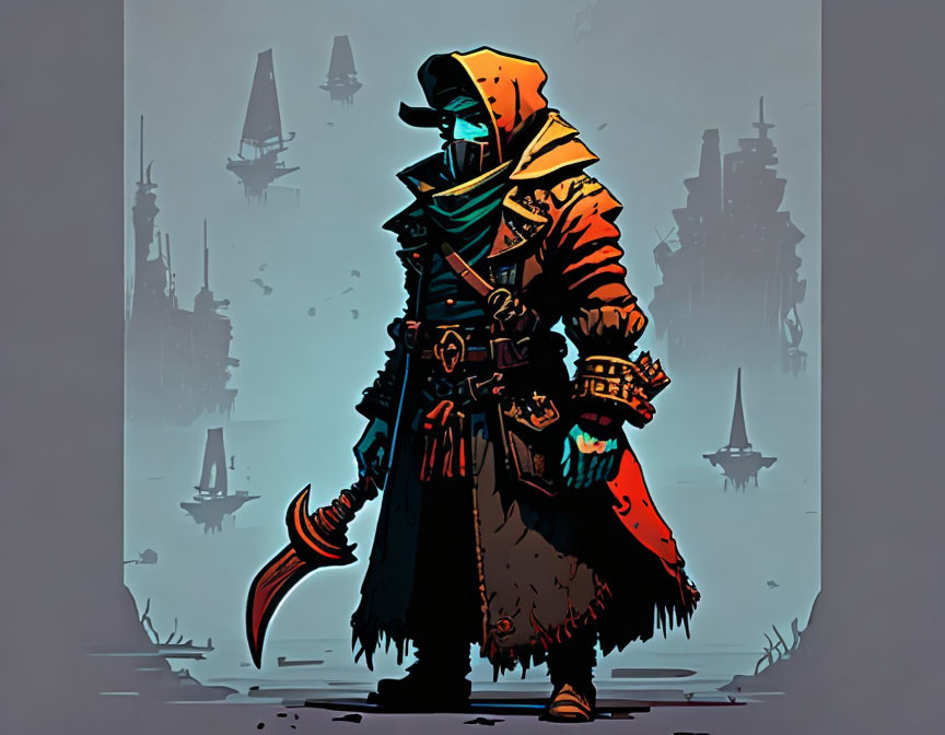 Hooded figure with sword in cloak and belt against ship and tower backdrop