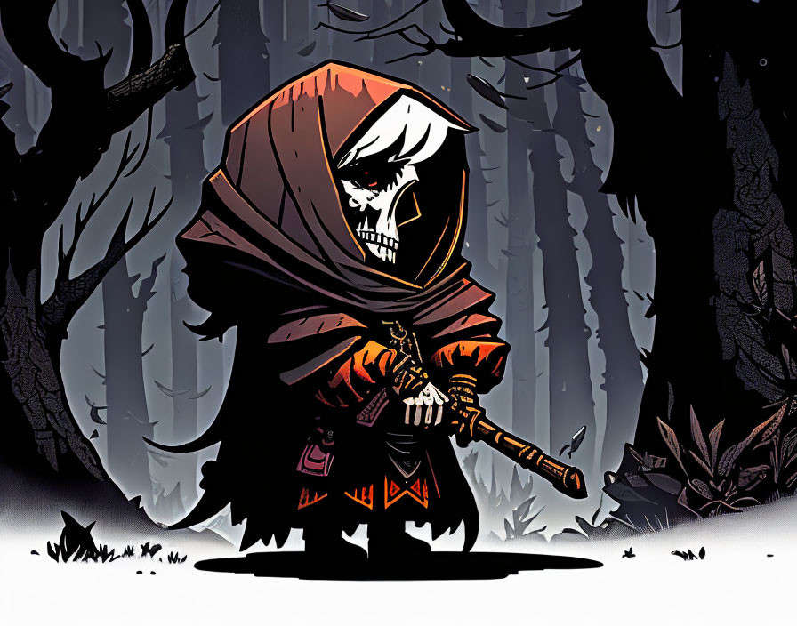 Skeletal figure in red cloak with sword in dark forest