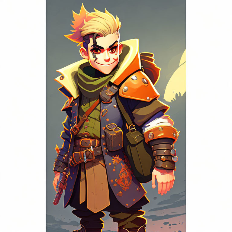 Animated character with mohawk and elven ears in adventuring outfit