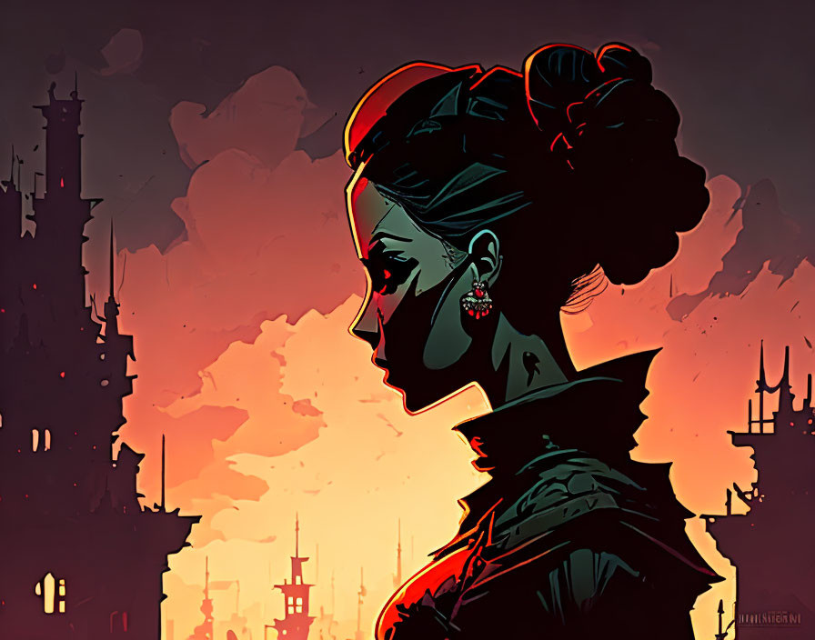 Stylized profile of a woman in futuristic cityscape against red sky