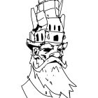 Monochrome line drawing of stern man in ship cannon hat