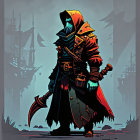 Hooded figure with sword in cloak and belt against ship and tower backdrop