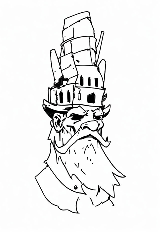Monochrome line drawing of stern man in ship cannon hat