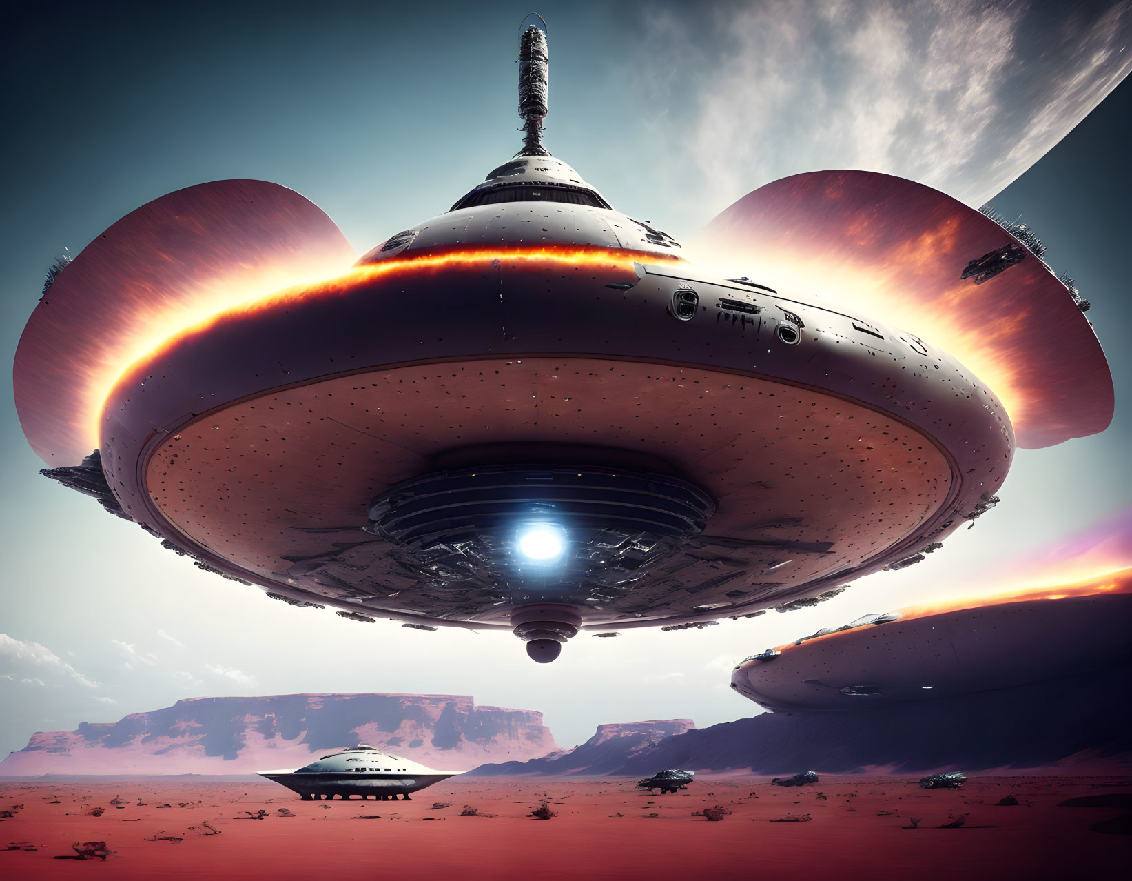 Large flying saucer over desert landscape with celestial bodies in the sky