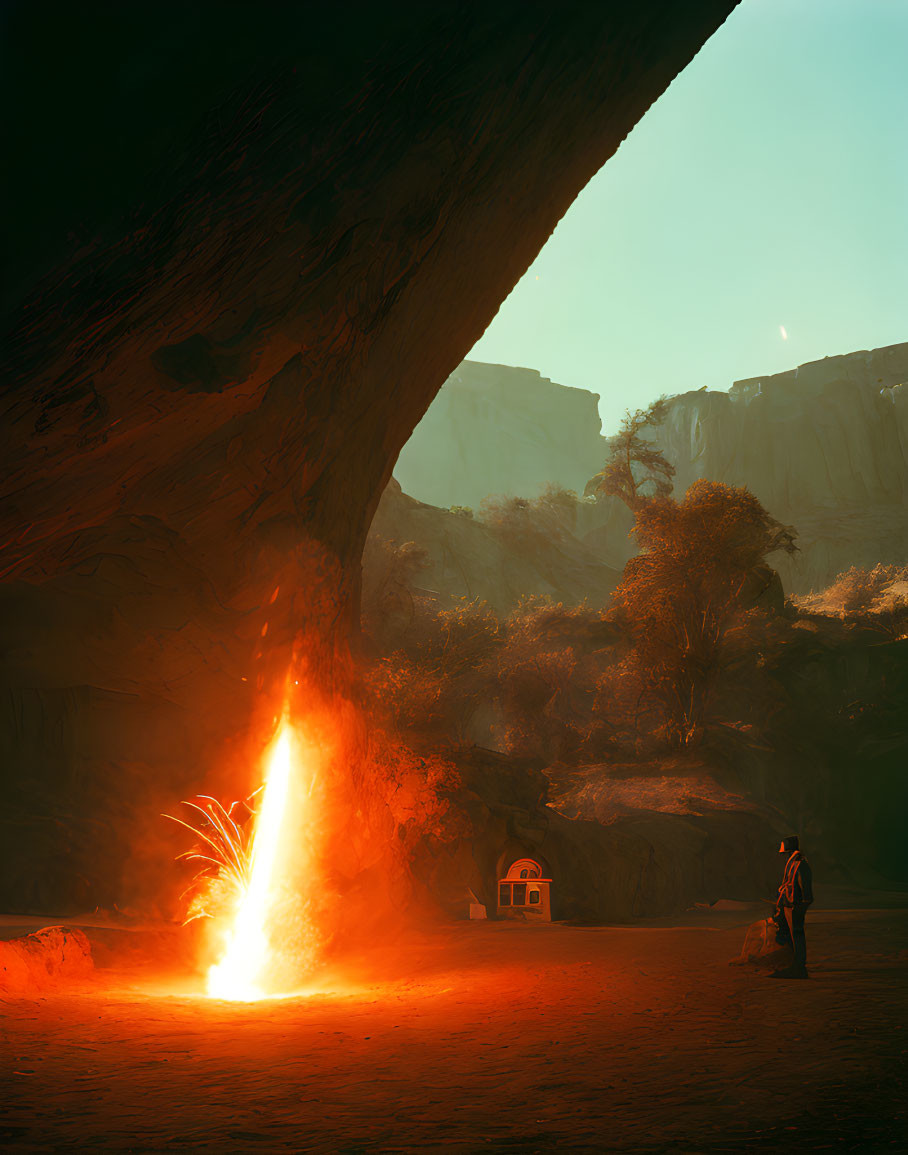 Person by Bright Campfire in Cave with Rugged Cliffs