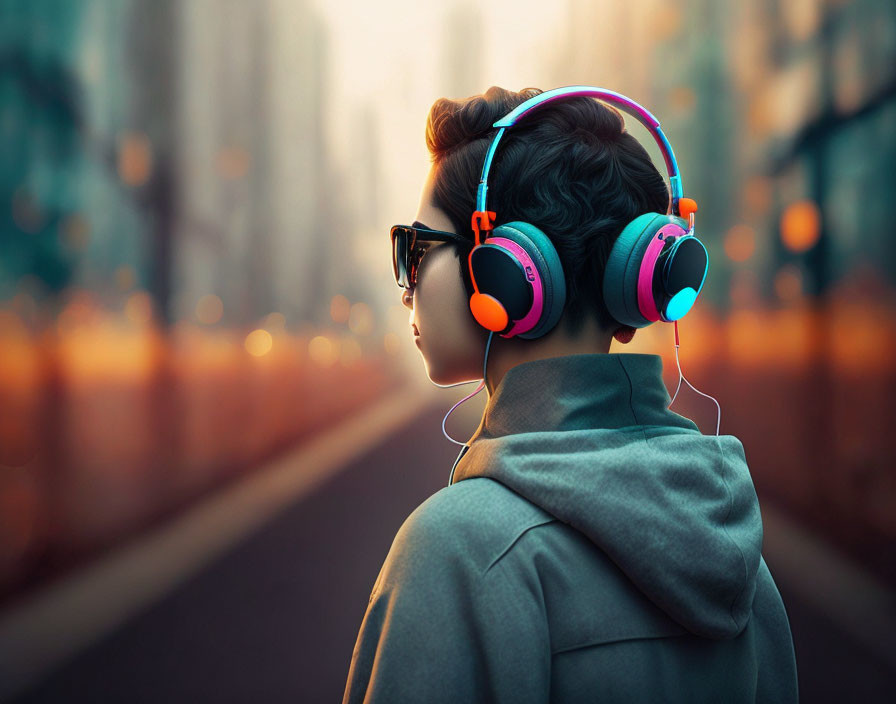 Person with sunglasses and colorful headphones on urban street in warm light