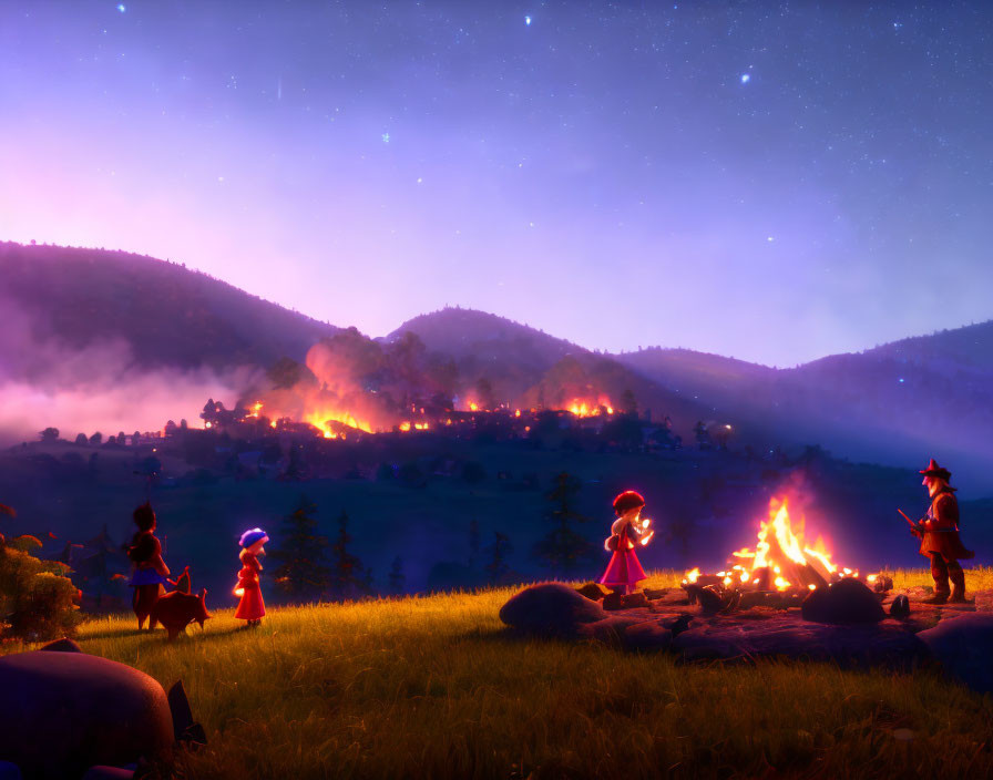 Animated characters around campfire under starry sky with village nestled in valley.