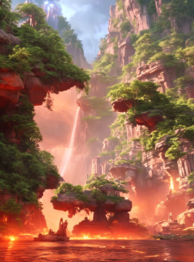 Fantastical landscape with cliffs, heart-shaped rock, waterfall, and lava river