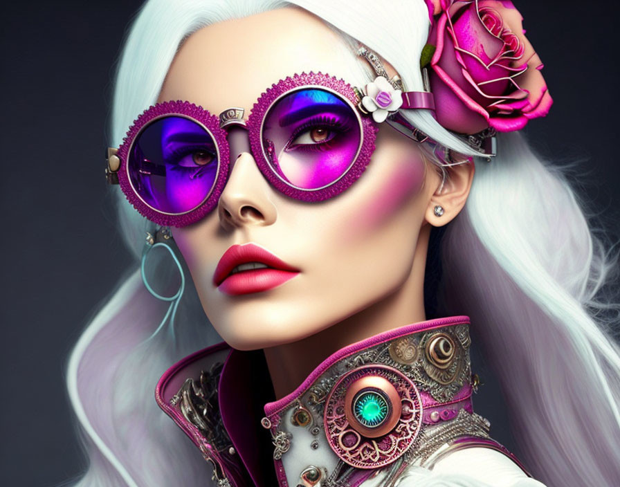 Woman with Violet Steampunk Goggles and Futuristic Makeup