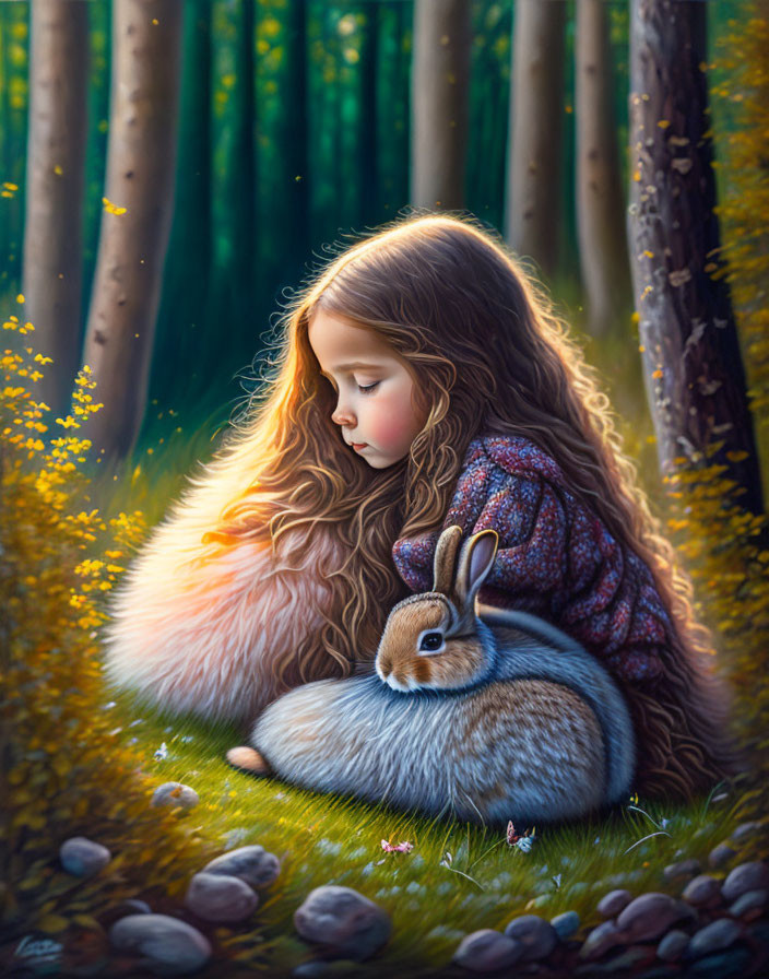 Young girl embracing rabbit in serene woodland with flowers and sunlight