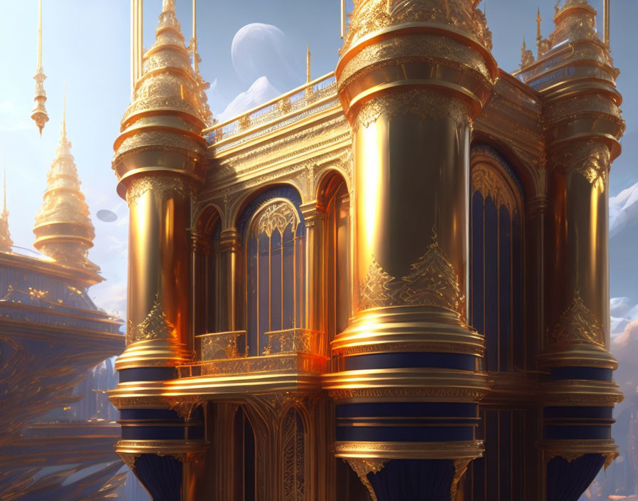 Golden palace with intricate designs in warm sunlight against a sky with distant planets