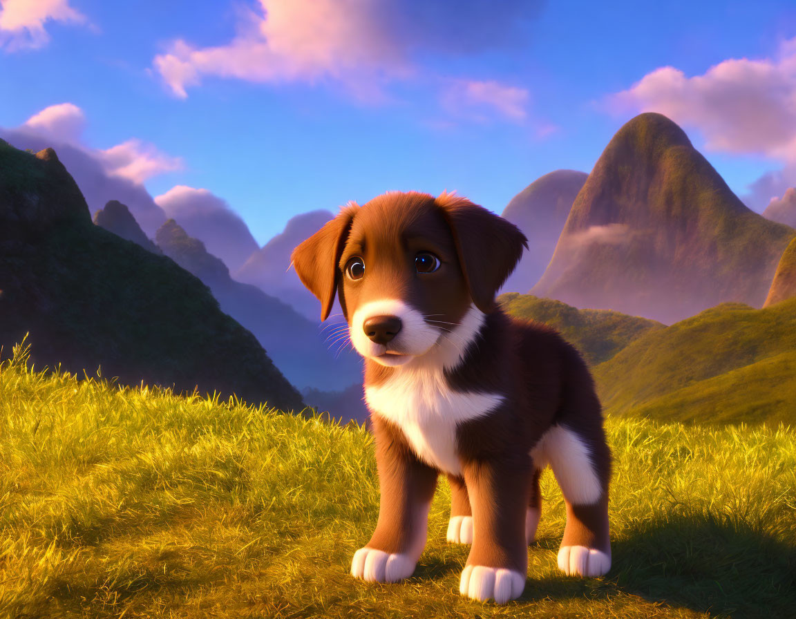 Cartoon puppy on grass with sunset backdrop