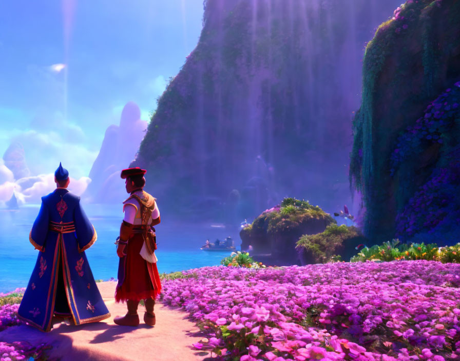 Animated characters in vibrant landscape with waterfalls and purple flowers.