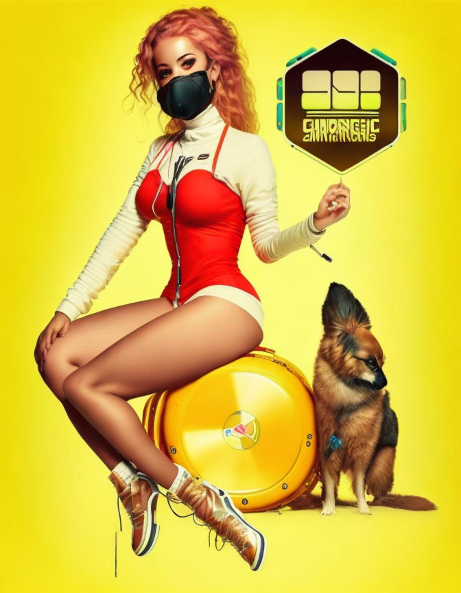 Stylized image of woman in red and white outfit with dog on scooter helmet