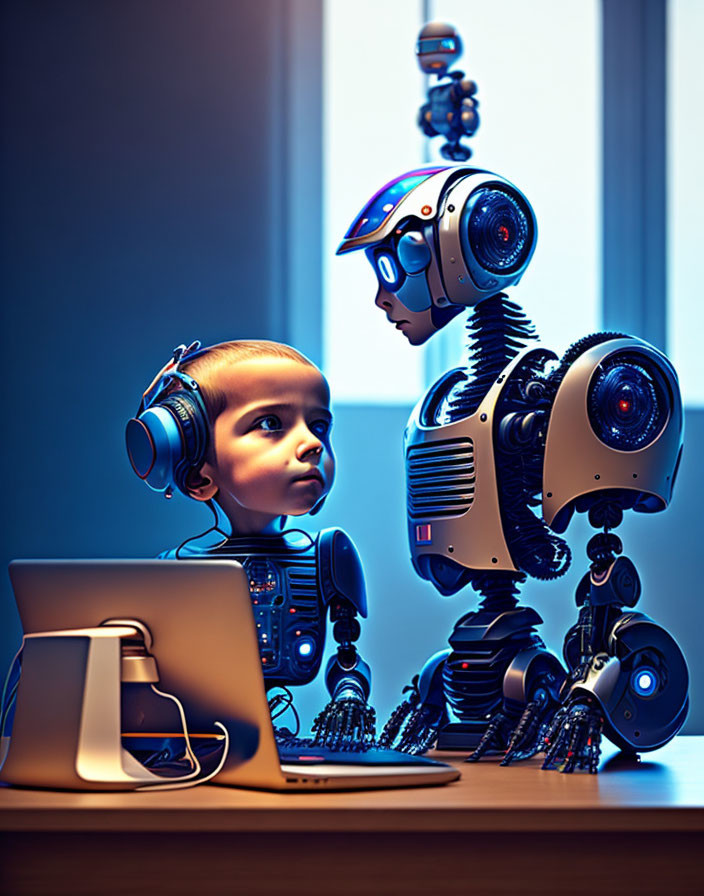Robot teaches a little robot boy