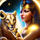 Egyptian-inspired woman with lioness and cub in radiant starry scene