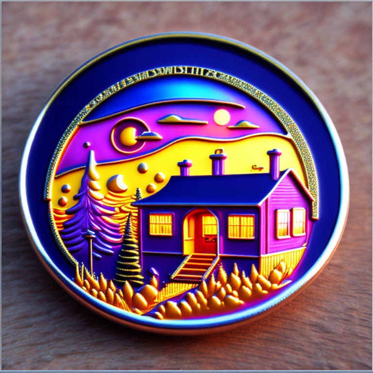 Vibrant Night Scene Enamel Pin with House, Trees, Moon, Stars, and Clouds