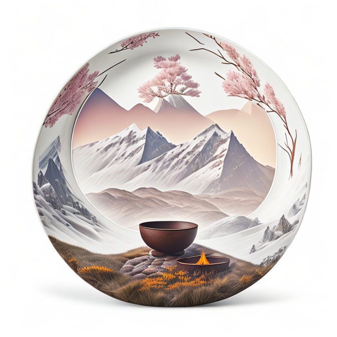 Circular Decorative Plate: Serene Mountain Landscape with Pink Trees, Bowl, and Fire