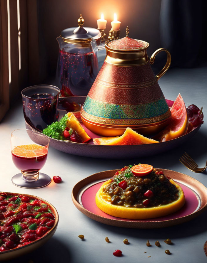 Luxurious Moroccan meal setup with tajine, sides, tea, and juice on warmly-lit