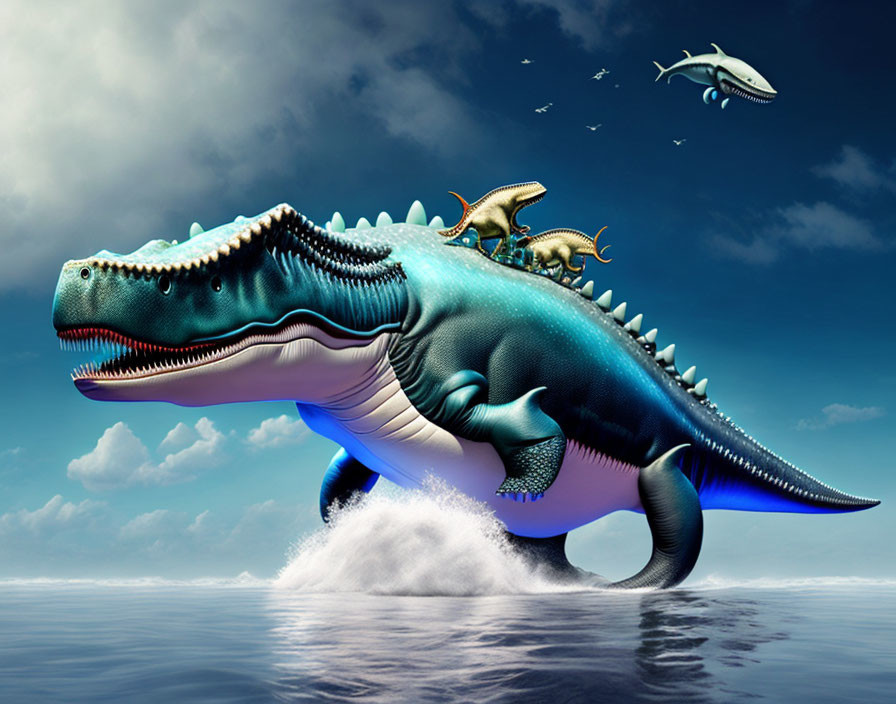 Giant crocodile-like creature with dragon beings and flying whale in ocean scene