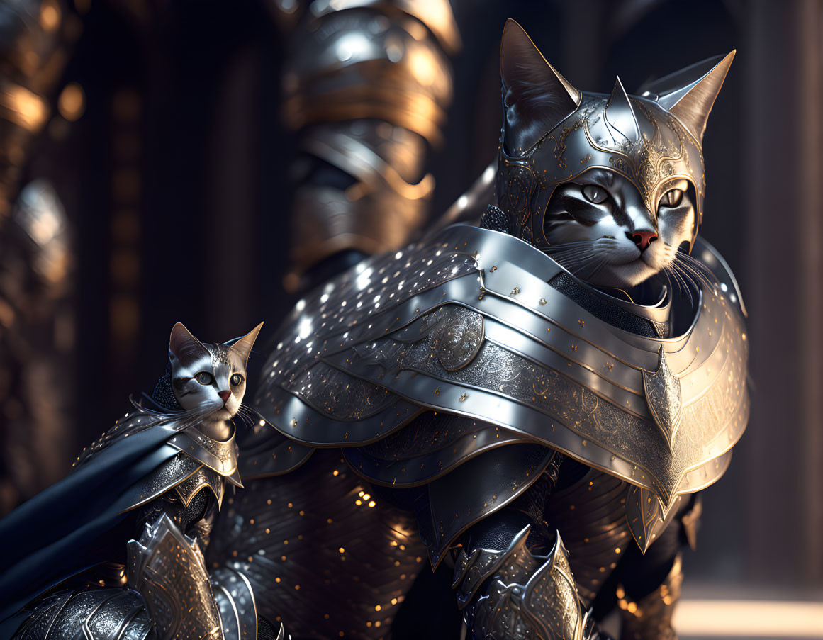 Anthropomorphic cat knight in ornate armor with companion in majestic medieval hall