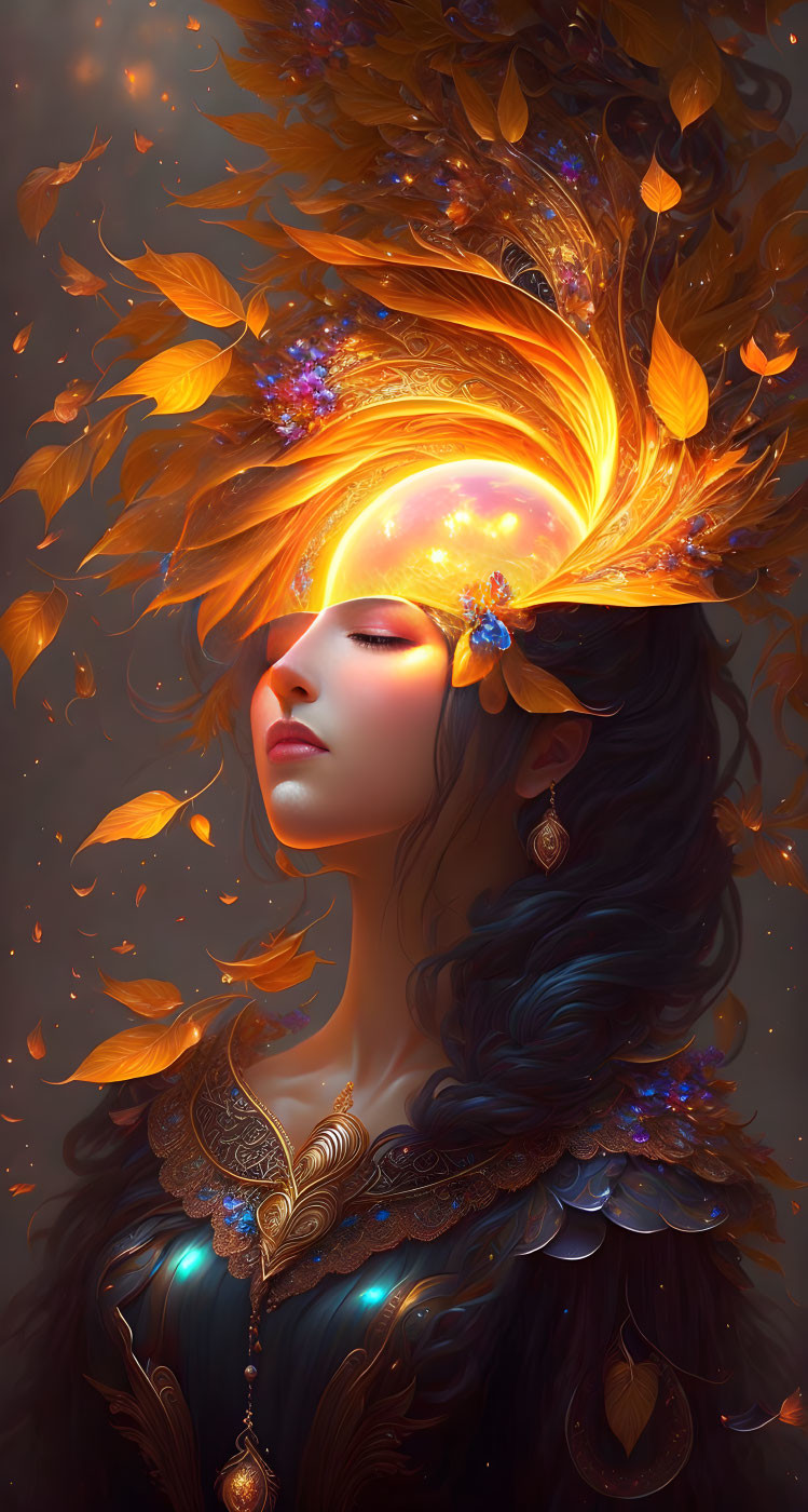 Fantasy illustration of woman with autumn leaves and glowing hair.