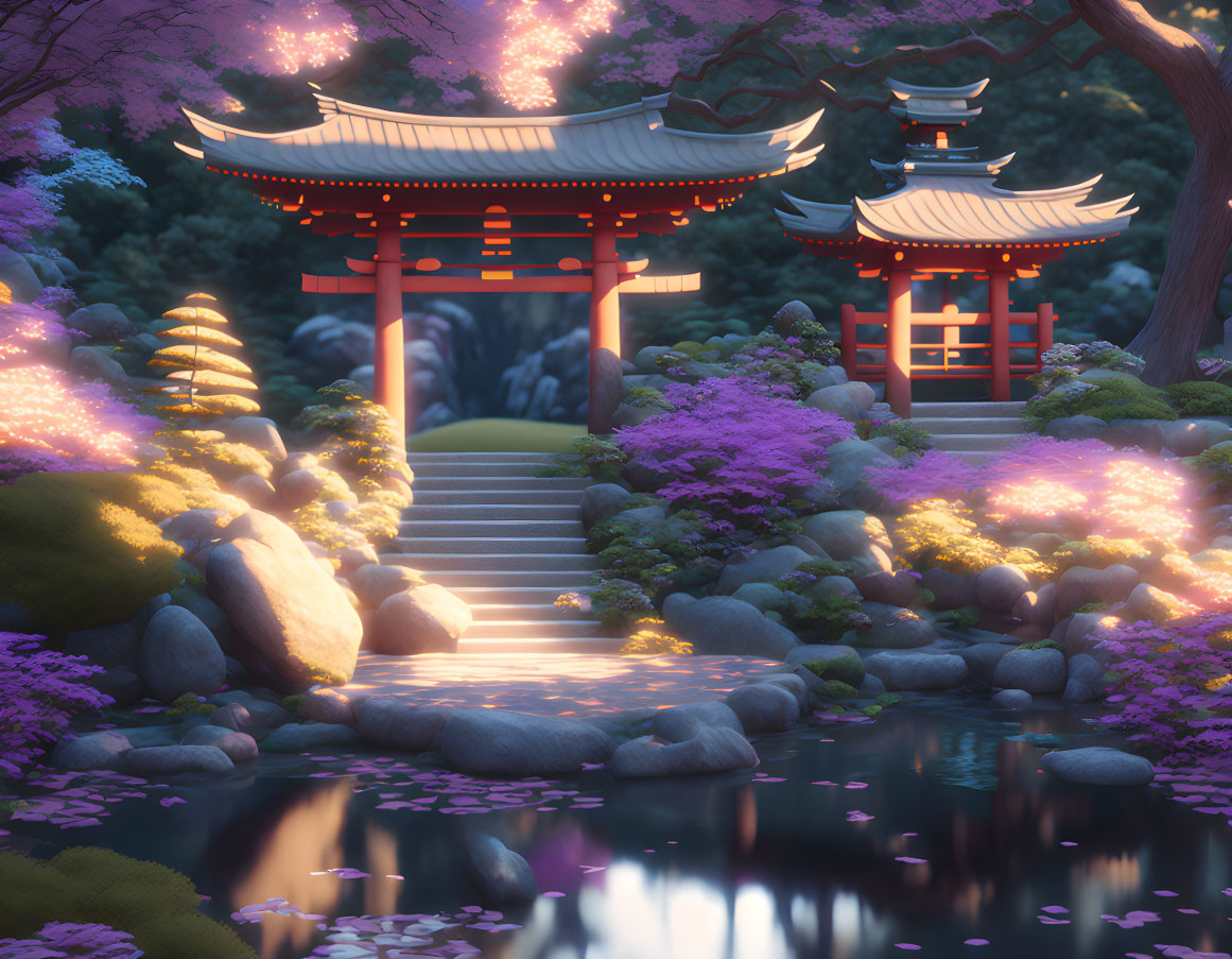 Japanese garden at dusk with pond, purple foliage, lanterns, torii gate, and pagoda