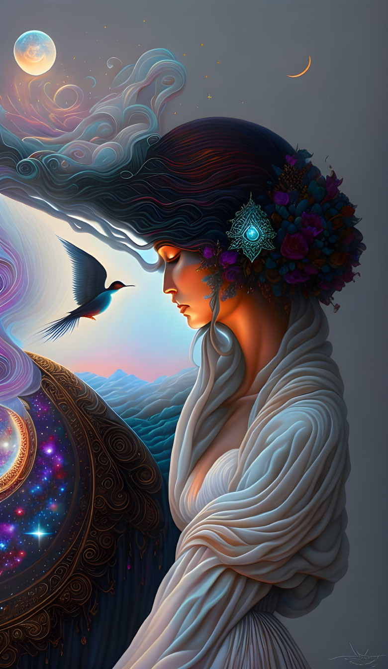 Surreal illustration of woman with cosmos cloak and celestial hair