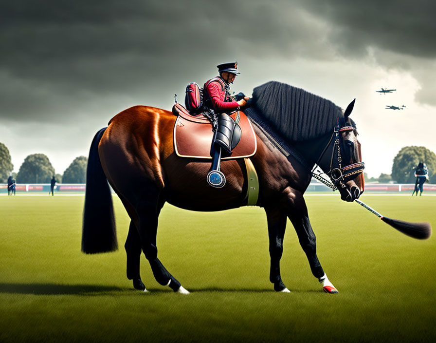 Polo player on horse with jets flying over cloudy polo ground