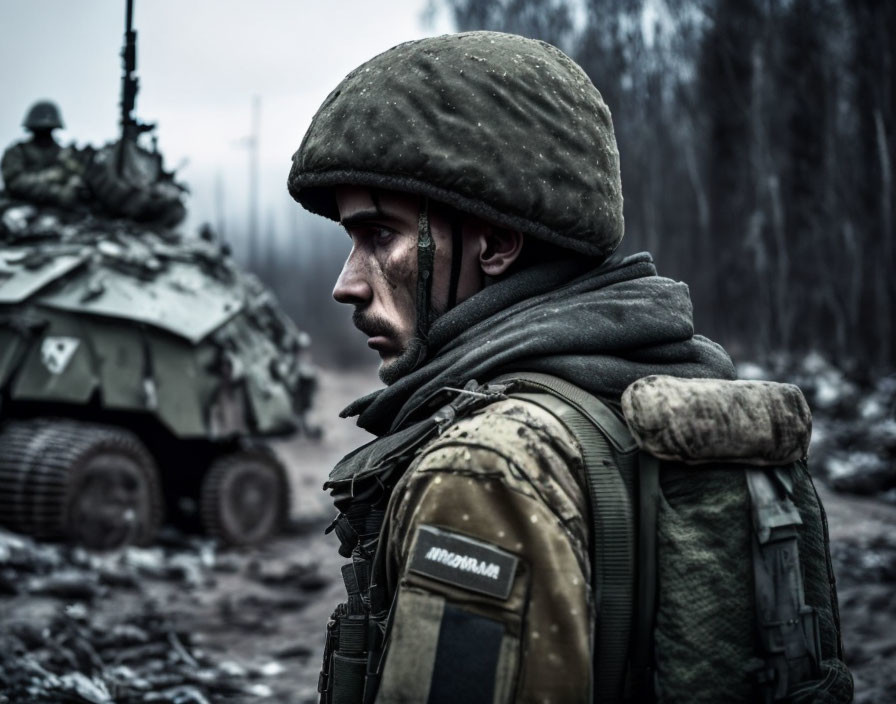 Soldier in combat gear gazes with camouflaged armored vehicle in misty background