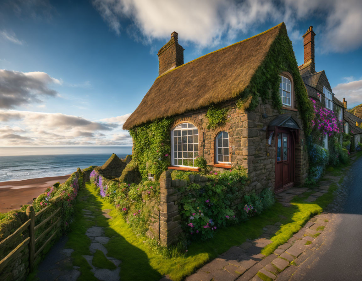 Thatched Roof Stone Cottage Overlooking Beach