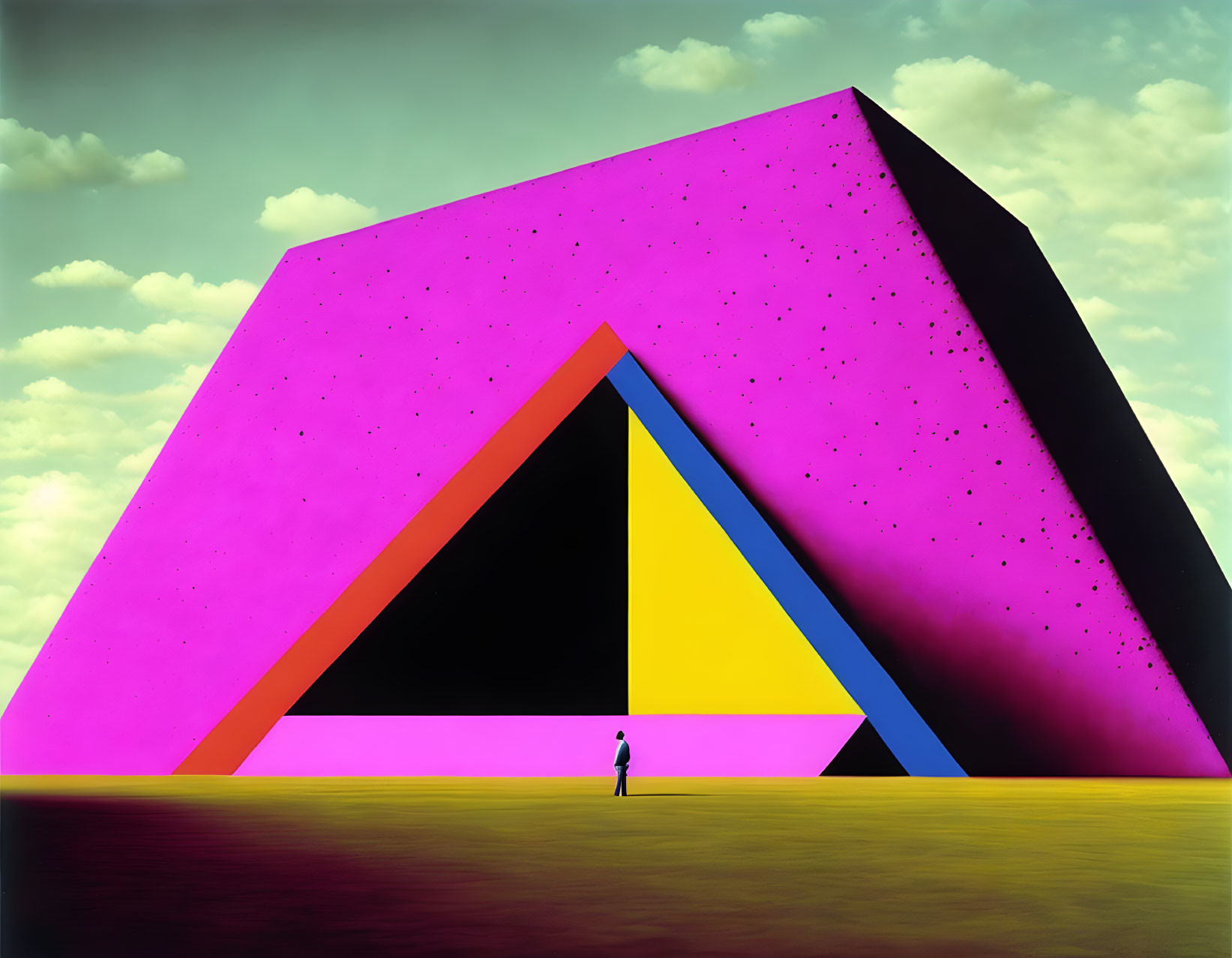 Surreal pink pyramid with black and yellow entrance under cloudy sky