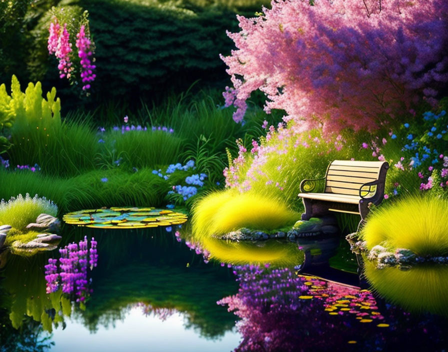 Small pond surrounded by a flowering garden