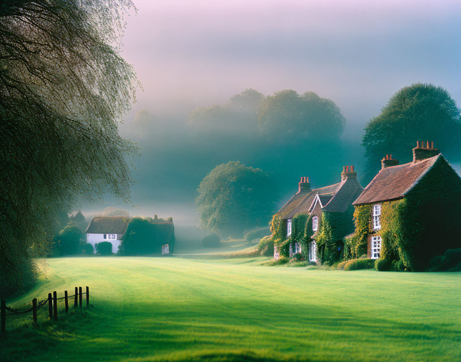 Misty morning in English village