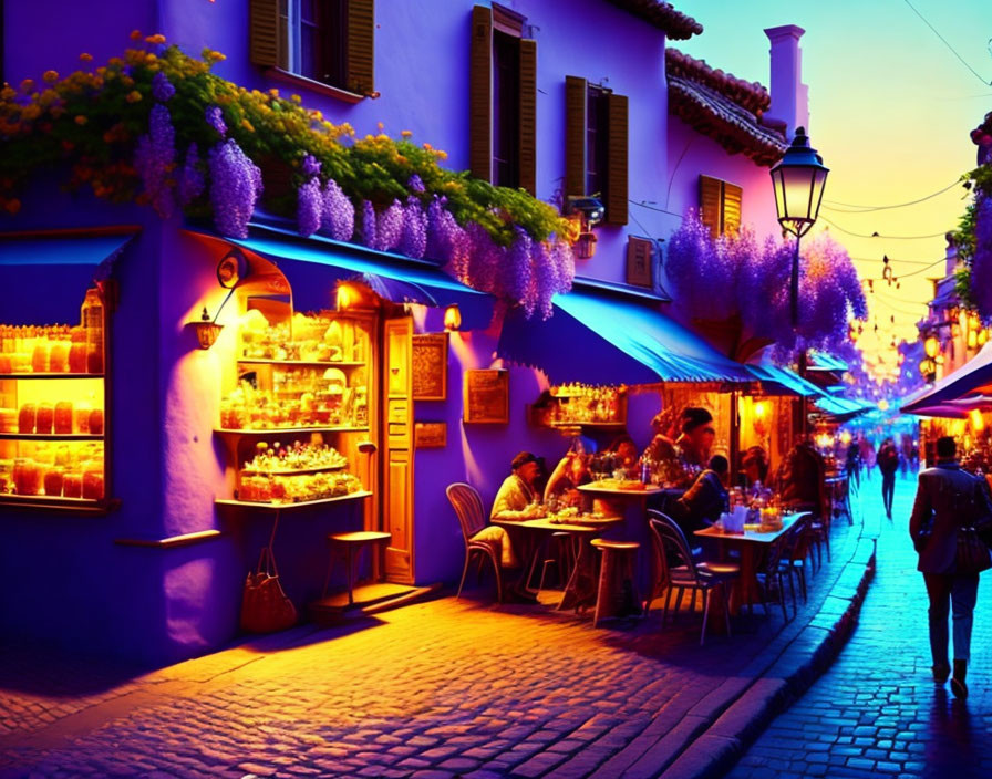 Street cafes on a cozy street in an old town, dusk