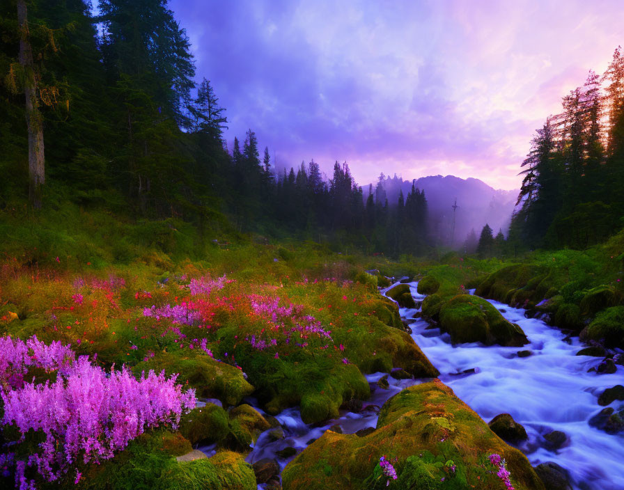 Twilight in a dense forest, a stream running_2