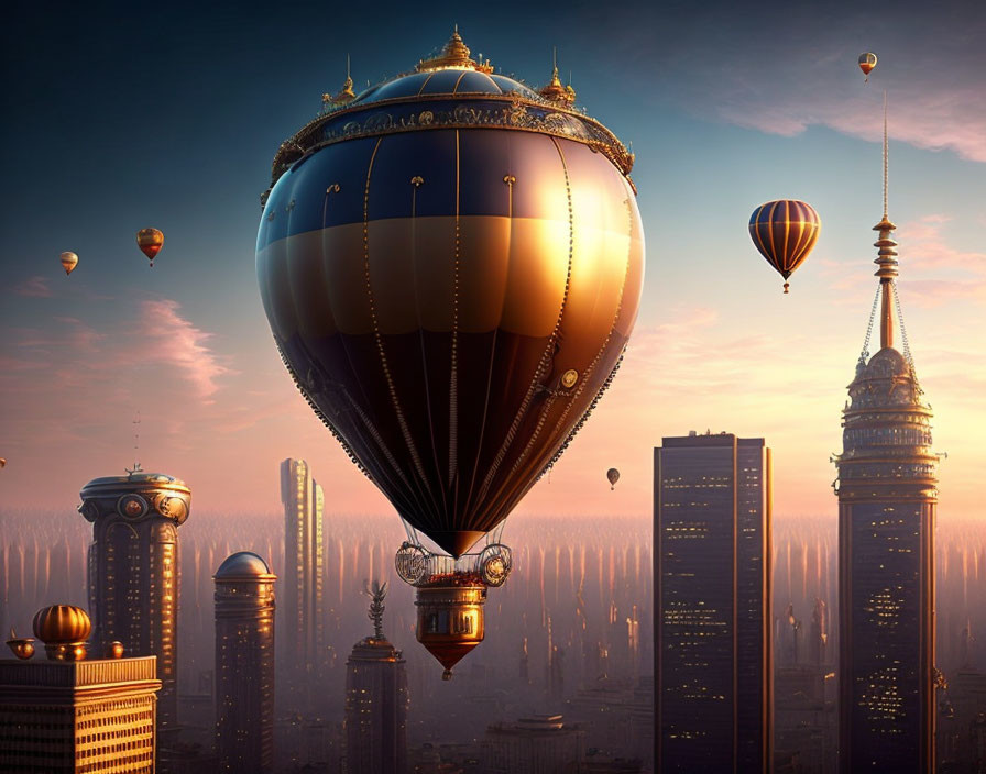 Balloon over the city in steampunk style