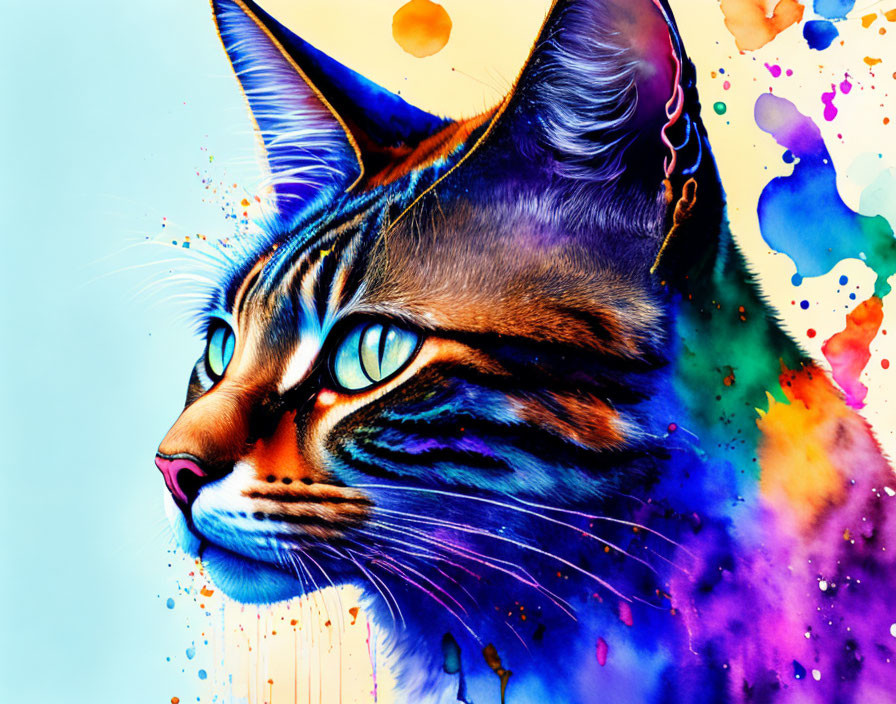 Colorful Cat Profile Artwork with Splattered Ink Effects