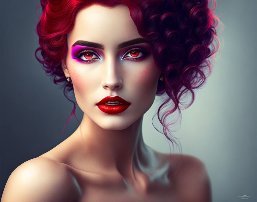 Vibrant red hair and bold makeup portrait on muted background