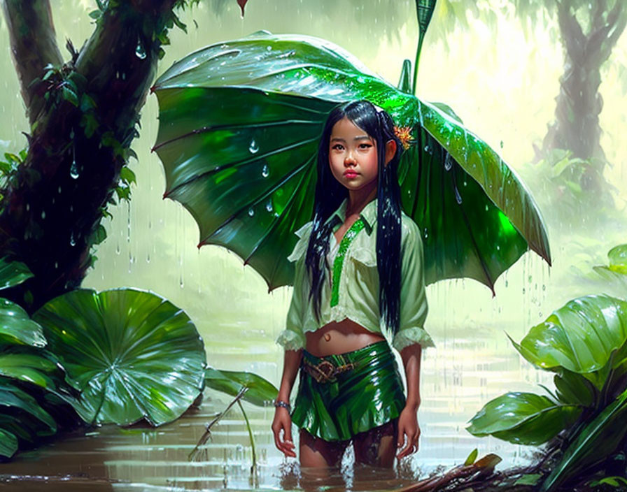 Young girl in rainforest with leaf umbrella, raindrops visible