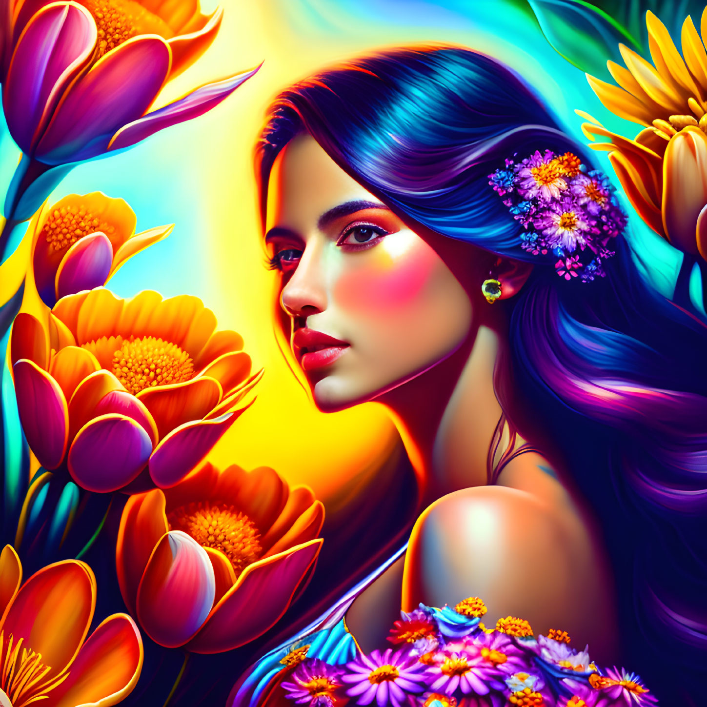 Illustrated portrait of woman with blue hair and floral adornments in vibrant floral setting