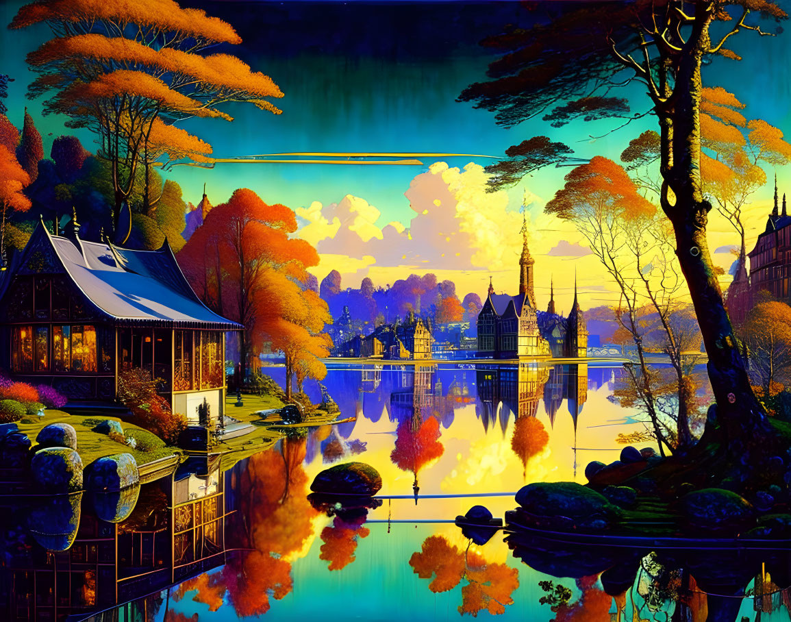 Surreal autumnal artwork with reflective lake and illuminated house