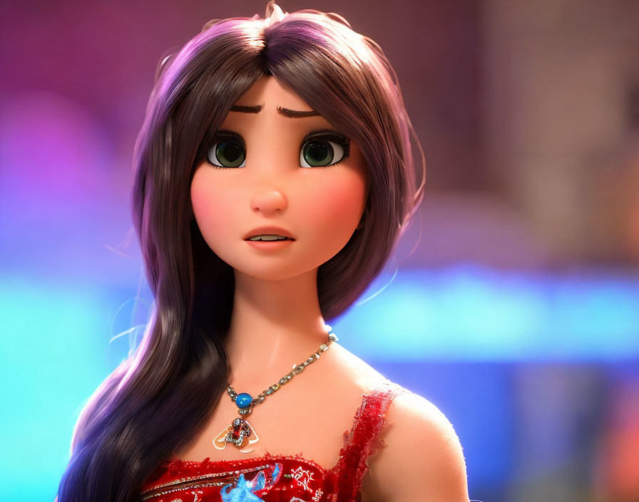 Long-haired female character in red dress, with green eyes, appears concerned.