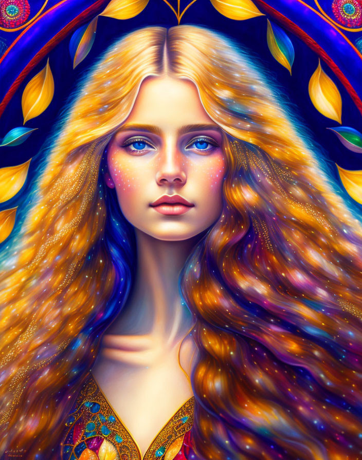 Colorful digital portrait of a woman with blue eyes and golden hair on mandala background
